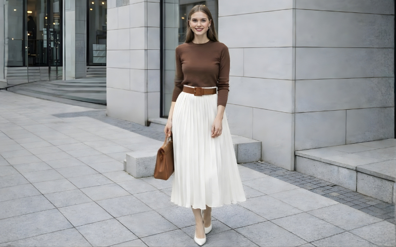 Ribbed Long Sleeve Top with Midi Skirt