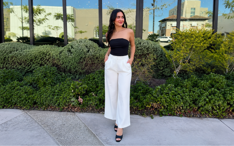 Black Tube Top With Wide-Leg Trousers and Heeled Mules