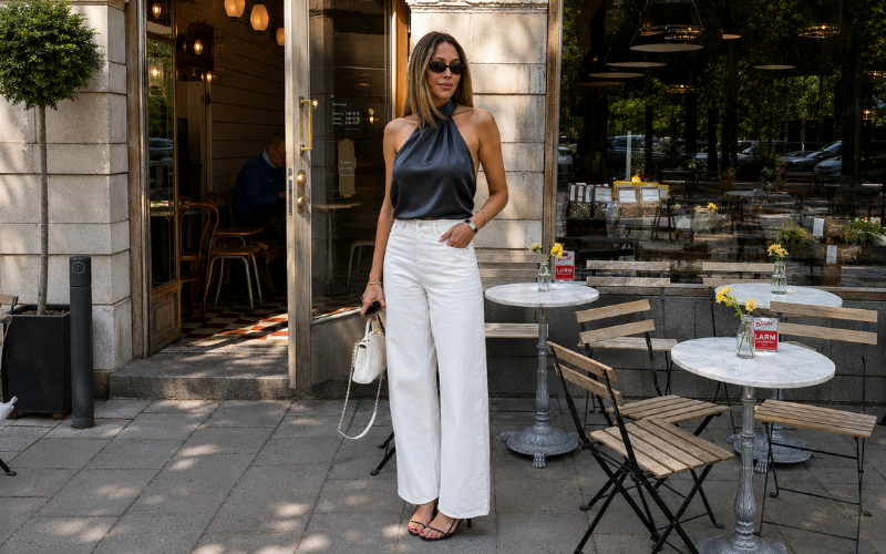 White Linen Pants With a Satin Halter Top and Strappy Sandals